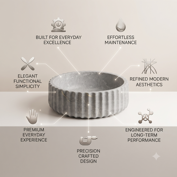 Luxury Grey Marble Finish Round Table Top Wash Basin – Fluted Design | 16 × 16 × 5.4 Inch