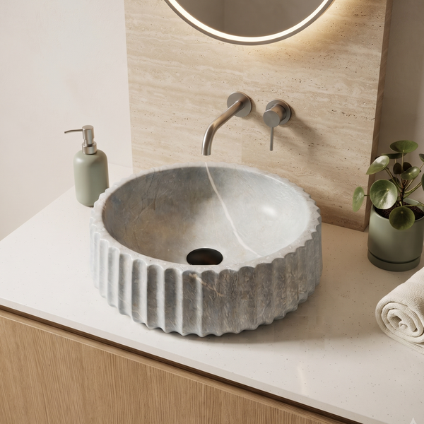 Luxury Grey Marble Finish Round Table Top Wash Basin – Fluted Design | 16 × 16 × 5.4 Inch