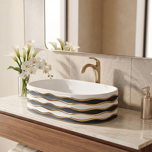 Luxury Oval Table Top Wash Basin – Glossy Ceramic Countertop Basin with Grey, White & Gold Wave Design for Modern Bathrooms | 20x12x6 Inch