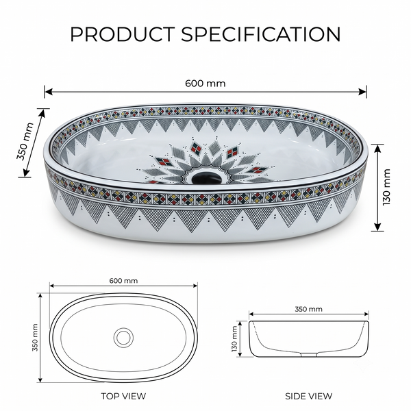 Luxury Oval Ceramic Table Top Wash Basin – Glossy White Countertop Basin with Multicolour Geometric & Traditional Pattern | 24x14x5 Inch