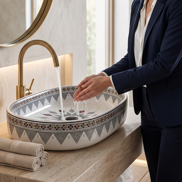 Luxury Oval Ceramic Table Top Wash Basin – Glossy White Countertop Basin with Multicolour Geometric & Traditional Pattern | 24x14x5 Inch