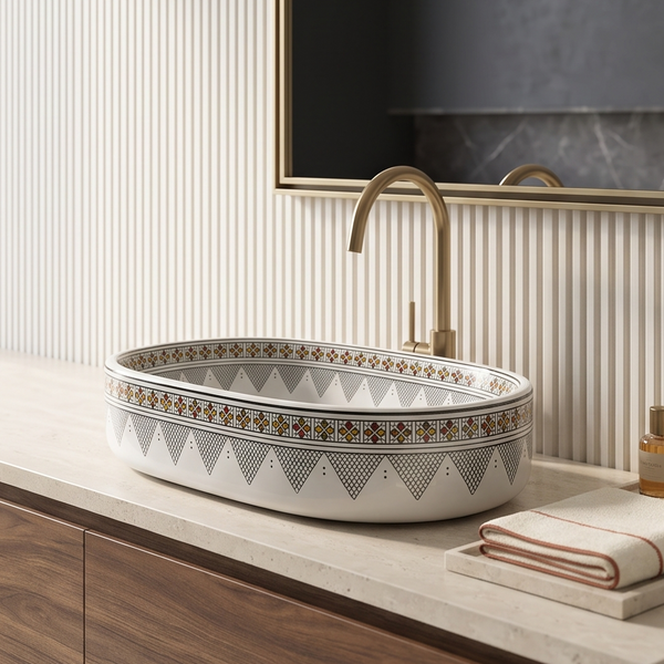 Luxury Oval Ceramic Table Top Wash Basin – Glossy White Countertop Basin with Multicolour Geometric & Traditional Pattern | 24x14x5 Inch