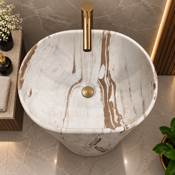 Luxury Marble-Finish Freestanding Pedestal Wash Basin – Cream & Brown | 20 x 14 x 32.6 Inch