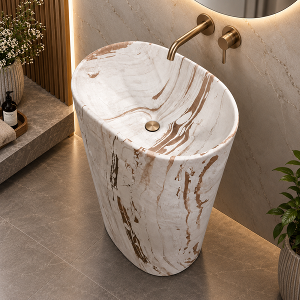 Luxury Marble-Finish Freestanding Pedestal Wash Basin – Cream & Brown | 20 x 14 x 32.6 Inch