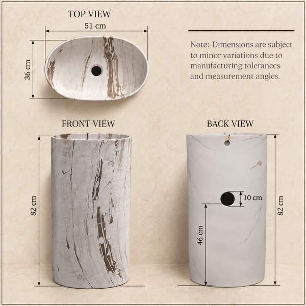 Luxury Marble-Finish Freestanding Pedestal Wash Basin – Cream & Brown | 20 x 14 x 32.6 Inch