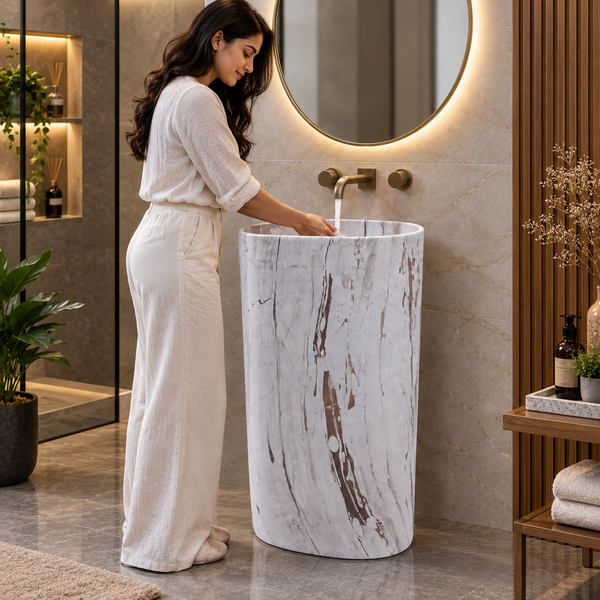 Luxury Marble-Finish Freestanding Pedestal Wash Basin – Cream & Brown | 20 x 14 x 32.6 Inch