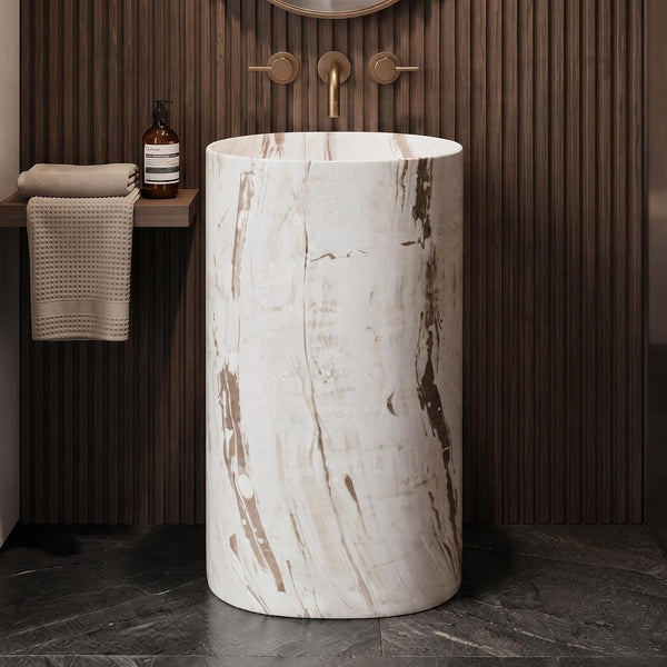 Luxury Marble-Finish Freestanding Pedestal Wash Basin – Cream & Brown | 20 x 14 x 32.6 Inch