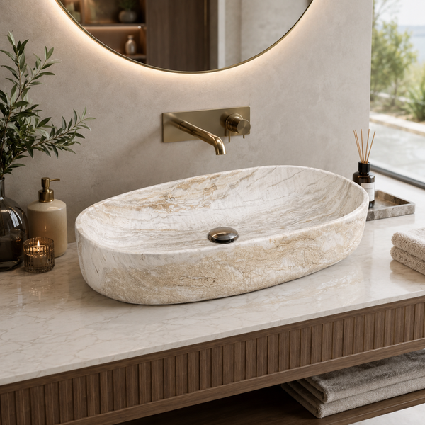 Marble Oval Countertop Wash Basin | (27" × 14" × 6" IN) Designer Bathroom Sink Brown