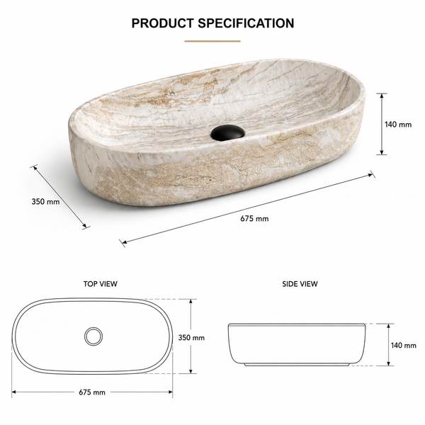 Marble Oval Countertop Wash Basin | (27" × 14" × 6" IN) Designer Bathroom Sink Brown