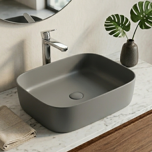 Bassino Modern Melamine Wash Basin | Stylish Countertop Wash Basin for Bathroom–400x320x110 mm Grey