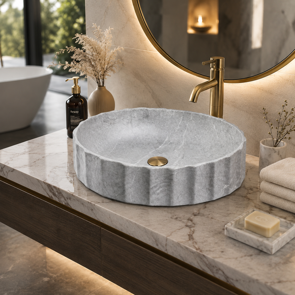 Matte Marble Finish Designer Oval Countertop Bathroom Sink Wash Basin (22" × 14" × 6" IN) Grey
