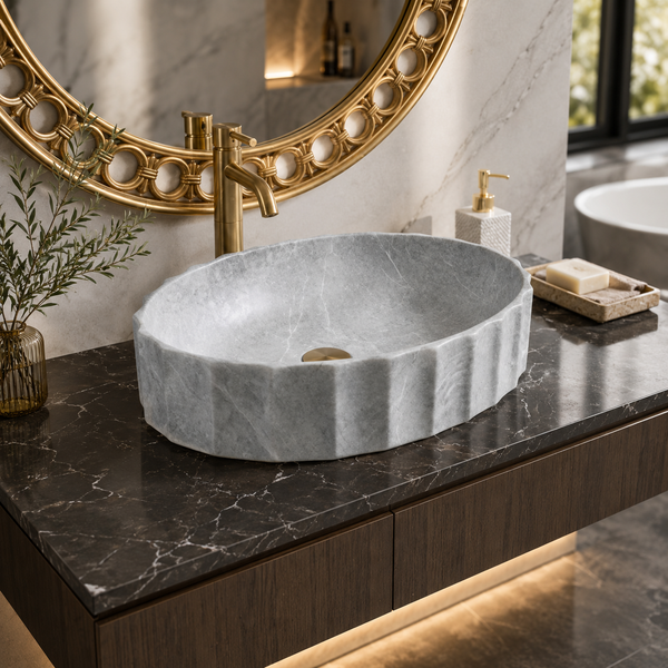 Matte Marble Finish Designer Oval Countertop Bathroom Sink Wash Basin (22" × 14" × 6" IN) Grey