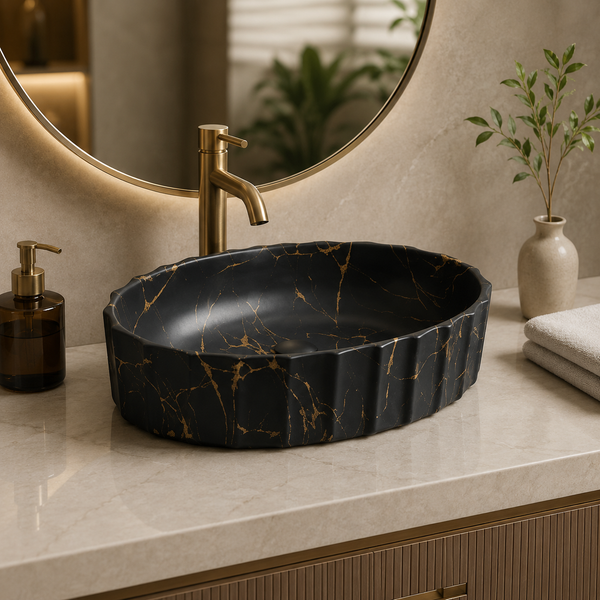Matte Marble Finish Designer Oval Countertop Bathroom Sink Wash Basin (22" × 14" × 6" IN) Black