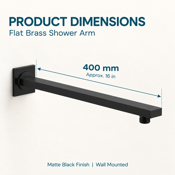 Serveo By Bassino 16-Inch Matt Black Flat Brass Shower Arm | 400 mm Wall-Mounted Arm for Overhead Rain Showers
