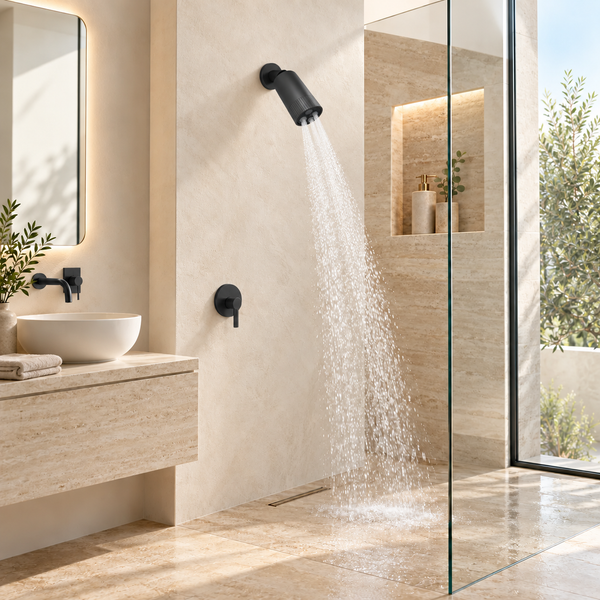 Serveo By Bassino Wall-Mounted Spot Overhead Shower in Matt Black  – Velvet Flow with 3 Aerators