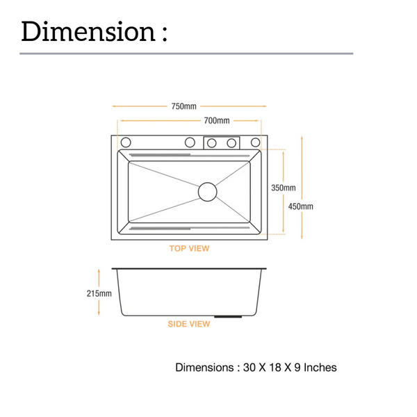 Rorex By Bassino Premium Smart Kitchen Sink – 304 Stainless Steel | Black PVD Coated | Pull-Out Faucet | Cup Washer | RO Tap | Drainage Knob (30x18x9 Inch) | 25 Years warranty Black