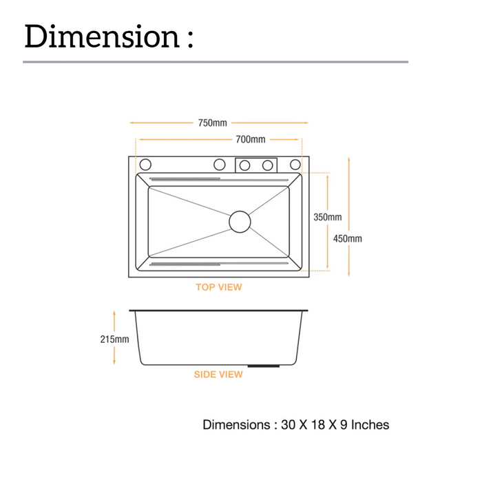 Rorex By Bassino Premium Smart Kitchen Sink – 304 Stainless Steel | Black PVD Coated | Pull-Out Faucet | Cup Washer | RO Tap | Drainage Knob (30x18x9 Inch) | 25 Years warranty Silver