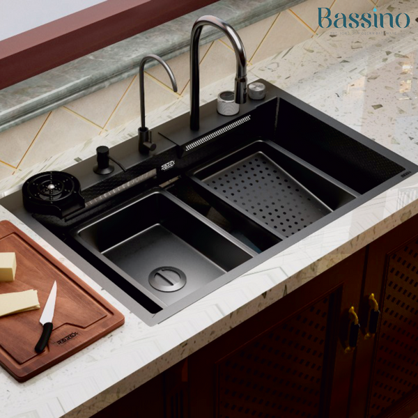 Rorex By Bassino Premium Smart Kitchen Sink – 304 Stainless Steel | Black PVD Coated | Pull-Out Faucet | Cup Washer | RO Tap | Drainage Knob (30x18x9 Inch) | 25 Years warranty Black
