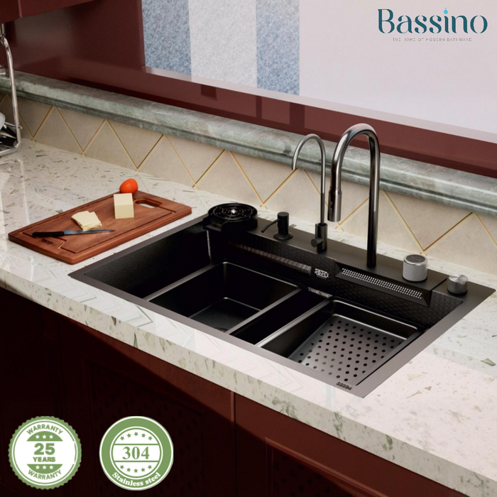 Rorex By Bassino Premium Smart Kitchen Sink – 304 Stainless Steel | Black PVD Coated | Pull-Out Faucet | Cup Washer | RO Tap | Drainage Knob (30x18x9 Inch) | 25 Years warranty Black