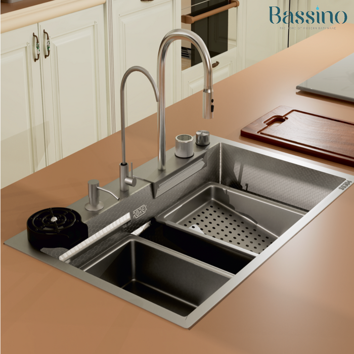 Rorex By Bassino Premium Smart Kitchen Sink – 304 Stainless Steel | Black PVD Coated | Pull-Out Faucet | Cup Washer | RO Tap | Drainage Knob (30x18x9 Inch) | 25 Years warranty Silver