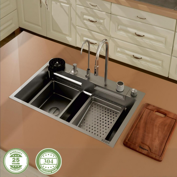 Rorex By Bassino Premium Smart Kitchen Sink – 304 Stainless Steel | Black PVD Coated | Pull-Out Faucet | Cup Washer | RO Tap | Drainage Knob (30x18x9 Inch) | 25 Years warranty Silver