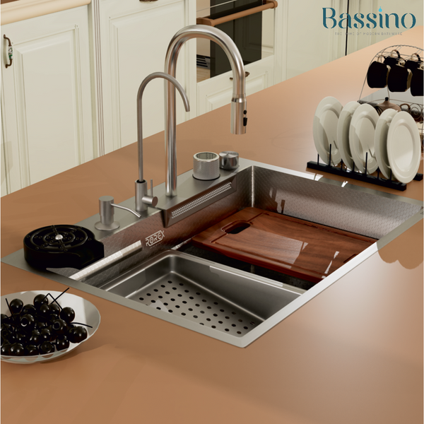 Rorex By Bassino Premium Smart Kitchen Sink – 304 Stainless Steel | PVD Coated | Pull-Out Faucet | Cup Washer | RO Tap | Drainage Knob (24x18x9 Inch) | | 25 Years warranty | RX-1004/RX-1003 Silver