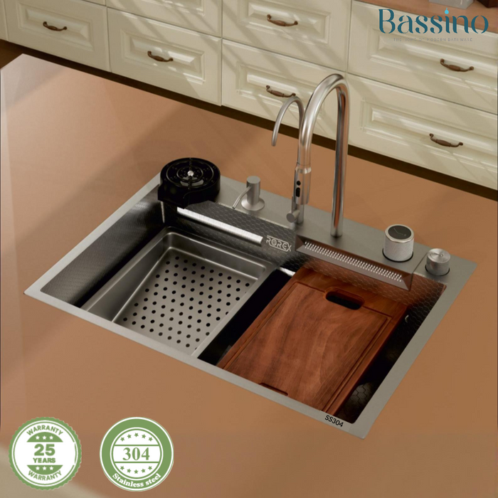 Rorex By Bassino Premium Smart Kitchen Sink – 304 Stainless Steel | PVD Coated | Pull-Out Faucet | Cup Washer | RO Tap | Drainage Knob (24x18x9 Inch) | | 25 Years warranty | RX-1004/RX-1003 Silver