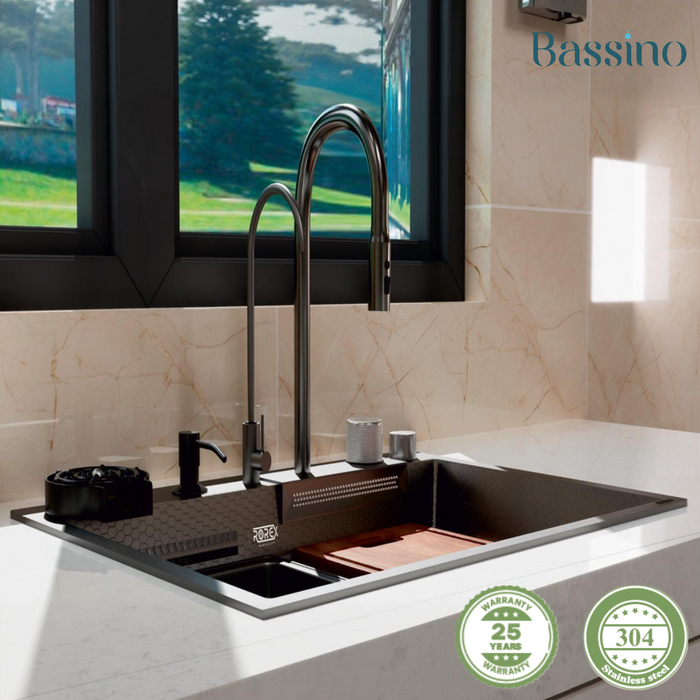 Rorex By Bassino Premium Smart Kitchen Sink – 304 Stainless Steel | PVD Coated | Pull-Out Faucet | Cup Washer | RO Tap | Drainage Knob (24x18x9 Inch) | | 25 Years warranty | RX-1004/RX-1003 Black