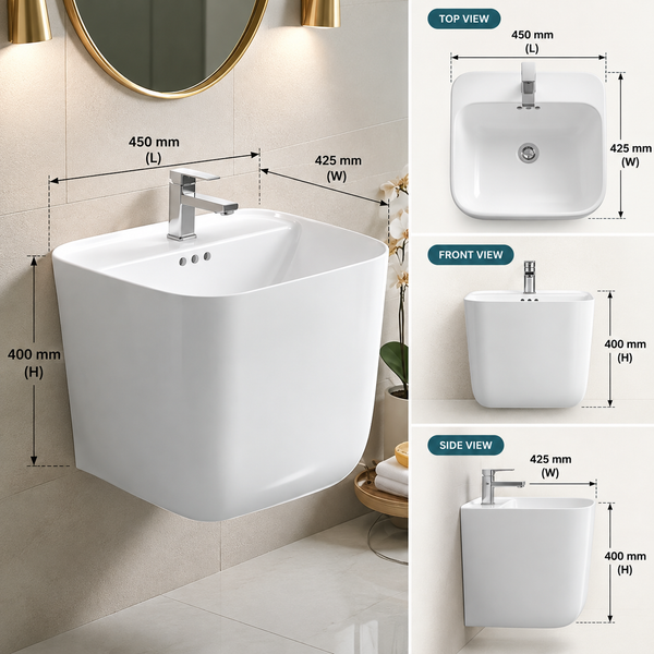 Premium Ceramic Wall mount Wash Basin, White Finish (17 × 18 × 16 In)