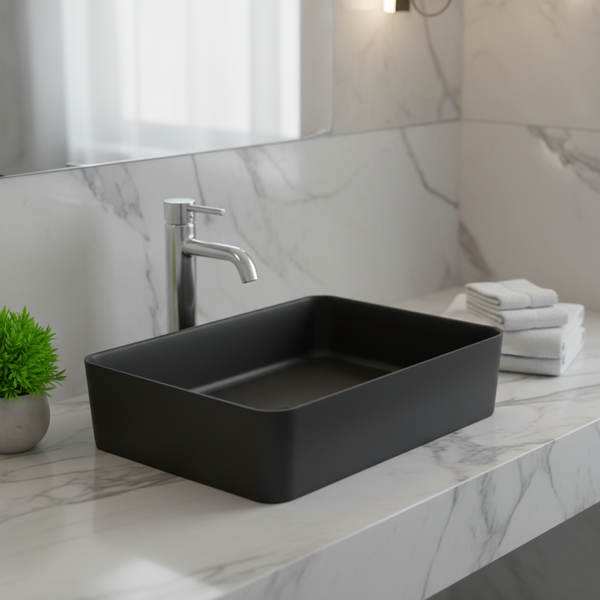 Bassino Modern Melamine Wash Basin | Stylish Countertop Wash Basin for Bathroom–450x325x125 mm Black