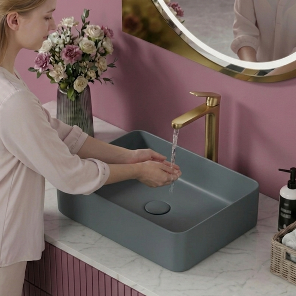Bassino Modern Melamine Wash Basin | Stylish Countertop Wash Basin for Bathroom–450x325x125 mm Grey