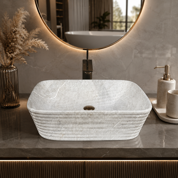 Modern Marble finish Countertop Wash Basin | (20" × 15"× 6" IN) Designer Bathroom Sink Chrome