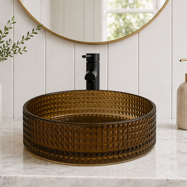 Bassino Modern Transparent Glass Wash Basin | Stylish Countertop Wash Basin for Bathroom–360x360x120 mm Rose gold