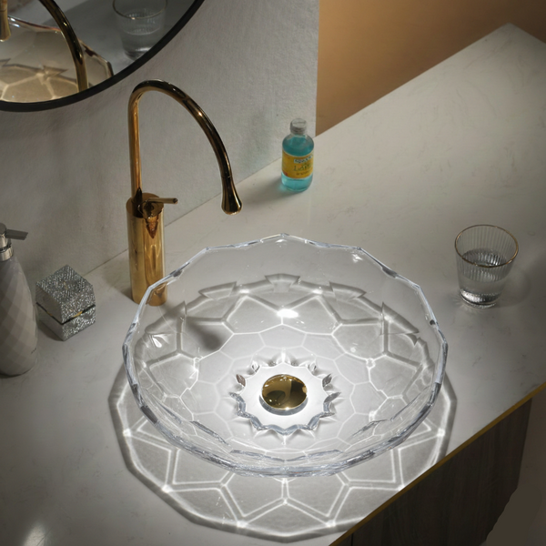 Bassino Modern Transparent Glass Wash Basin | Stylish Countertop Wash Basin for Bathroom–445x445x122 mm Clear