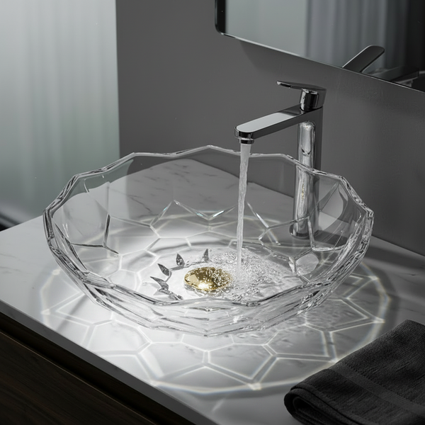 Bassino Modern Transparent Glass Wash Basin | Stylish Countertop Wash Basin for Bathroom–445x445x122 mm Clear