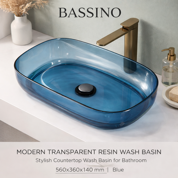 Bassino Modern Transparent Resin Wash Basin | Stylish Countertop Wash Basin for Bathroom–550x360x140 mm Blue