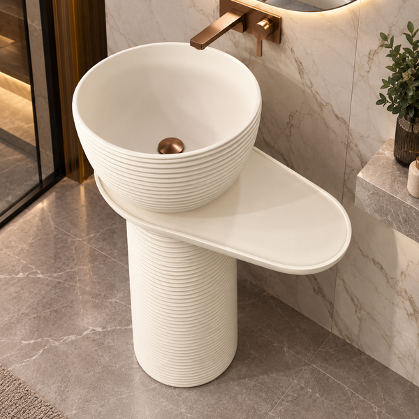 Luxury Pedestal Wash Basin with Side Shelf | Artificial Stone Freestanding Basin | 23.5″ × 16″ × 34″ In White