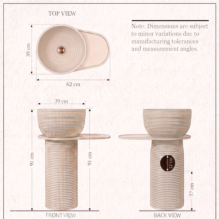 Modern cream white freestanding pedestal wash basin 62 x 39 x 91 cm with ribbed texture, round bowl and integrated side shelf for luxury bathrooms.