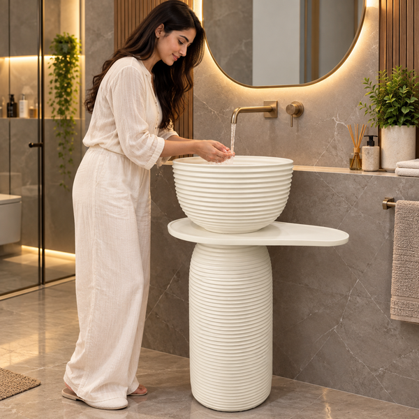 Luxury Pedestal Wash Basin with Side Shelf | Artificial Stone Freestanding Basin | 23.5″ × 16″ × 34″ In White