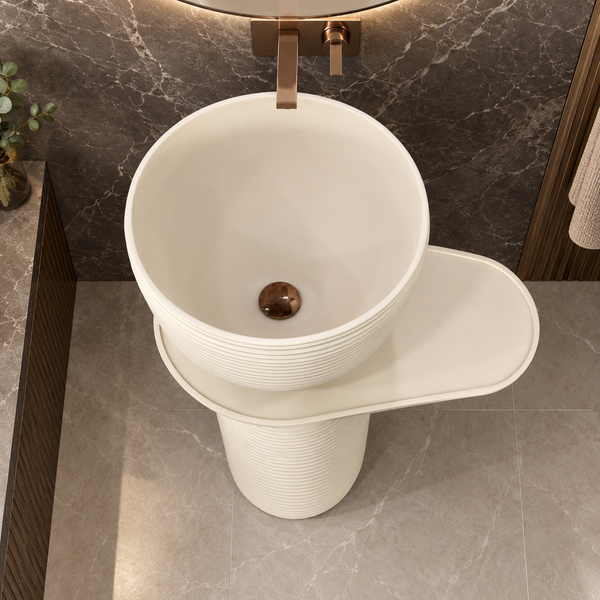 Luxury Pedestal Wash Basin with Side Shelf | Artificial Stone Freestanding Basin | 23.5″ × 16″ × 34″ In White