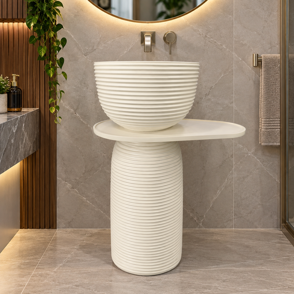 Luxury Pedestal Wash Basin with Side Shelf | Artificial Stone Freestanding Basin | 23.5″ × 16″ × 34″ In White