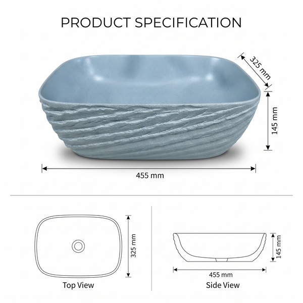 Ceramic Table Top Wash Basin – Matte Blue Grey Rectangular Countertop Basin with Textured Wave Design for Luxury Bathrooms | 18x13x6 Inch