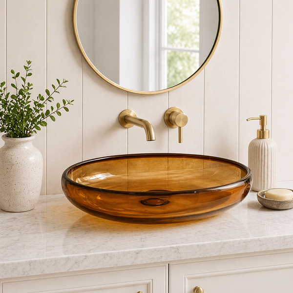 Bassino Modern Transparent Resin Wash Basin | Stylish Countertop Wash Basin for Bathroom –600x400x120 mm Brown
