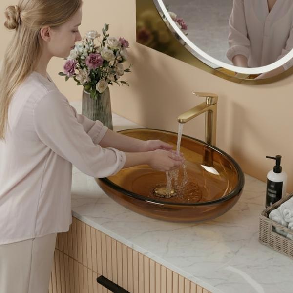 Bassino Modern Transparent Resin Wash Basin | Stylish Countertop Wash Basin for Bathroom –600x400x120 mm Brown