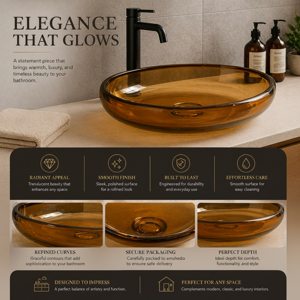 Bassino Modern Transparent Resin Wash Basin | Stylish Countertop Wash Basin for Bathroom –600x400x120 mm Brown