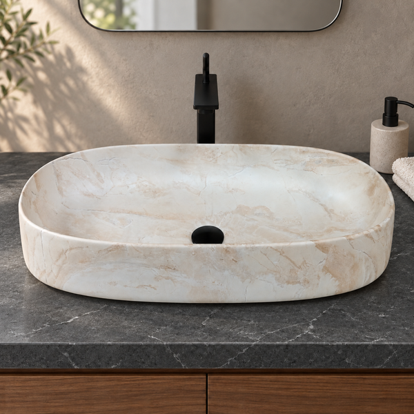 Luxury Oval Ceramic Table Top Wash Basin – Beige Marble Finish Matte Designer Countertop Basin for Modern Bathrooms | 27x14x5.5 Inch
