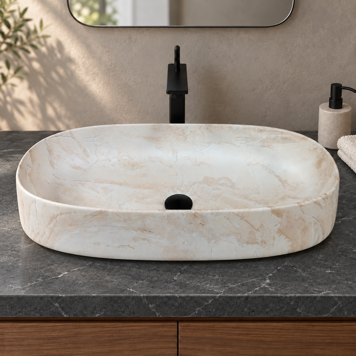 Oval ceramic table top wash basin with a matte cream and beige marble-pattern finish, measuring 675 × 350 × 140 mm.