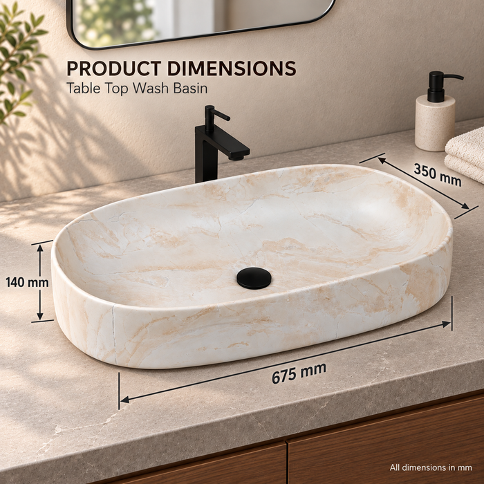 Oval ceramic table top wash basin with a matte cream and beige marble-pattern finish, measuring 675 × 350 × 140 mm.