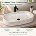 Oval ceramic table top wash basin with a matte cream and beige marble-pattern finish, measuring 675 × 350 × 140 mm.