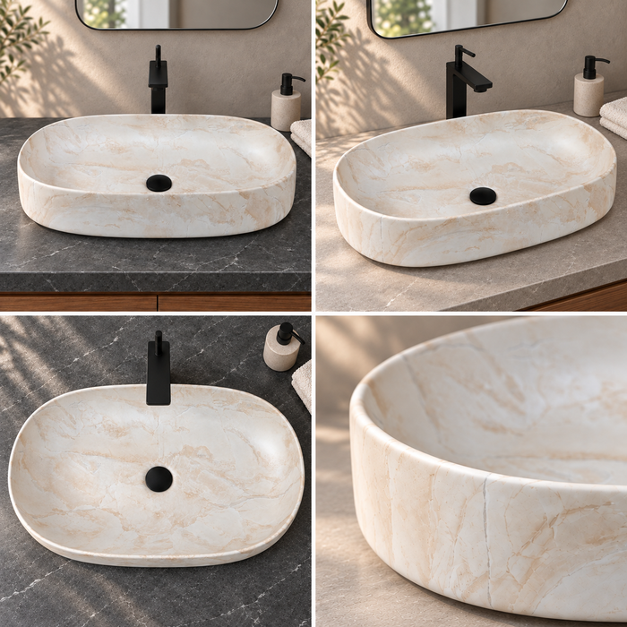 Oval ceramic table top wash basin with a matte cream and beige marble-pattern finish, measuring 675 × 350 × 140 mm.